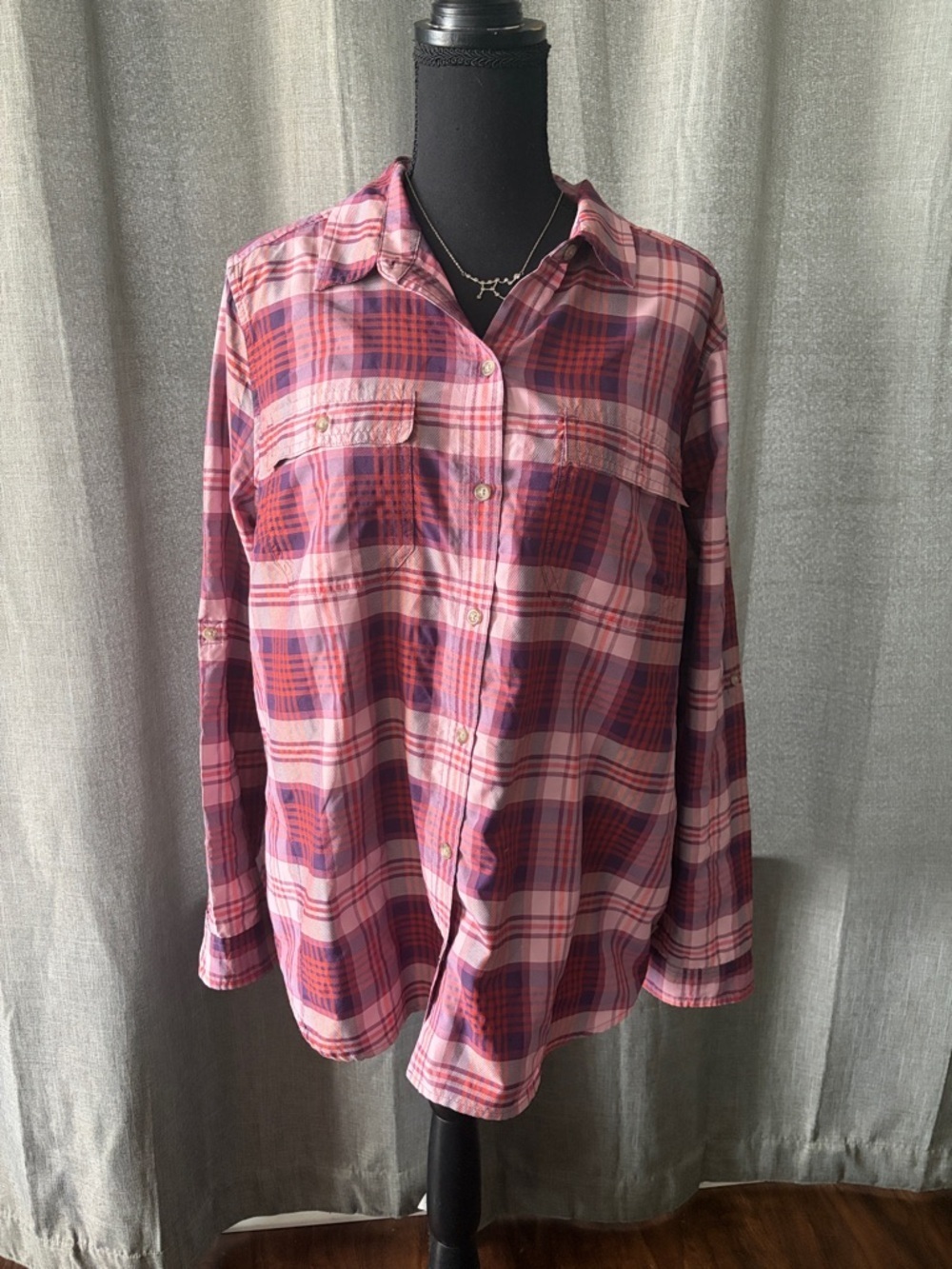 Eddie Bauer Pink and Purple Plaid Button-Up Shirt